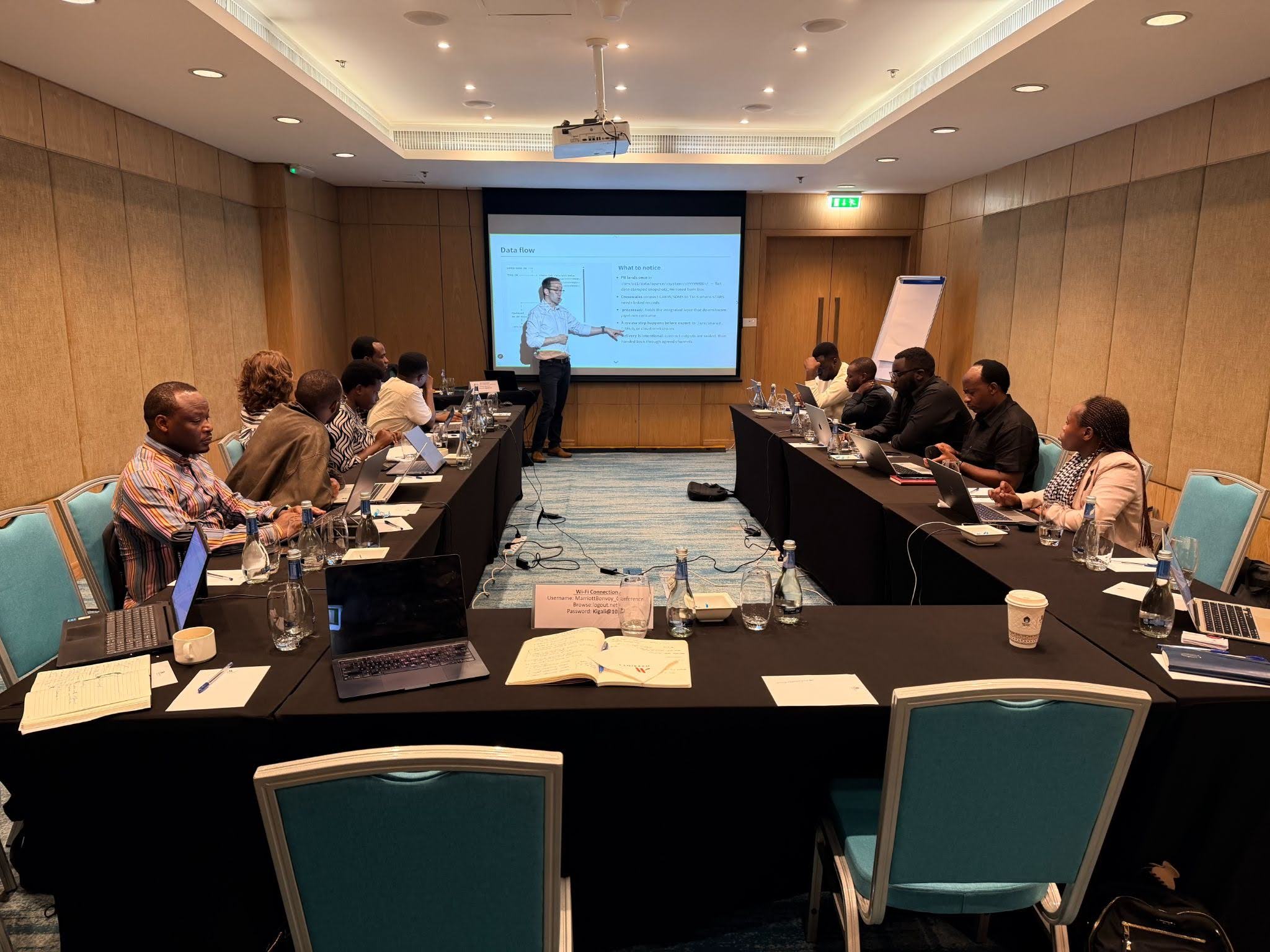 Large conference room, people fill a U-shaped table as person presents