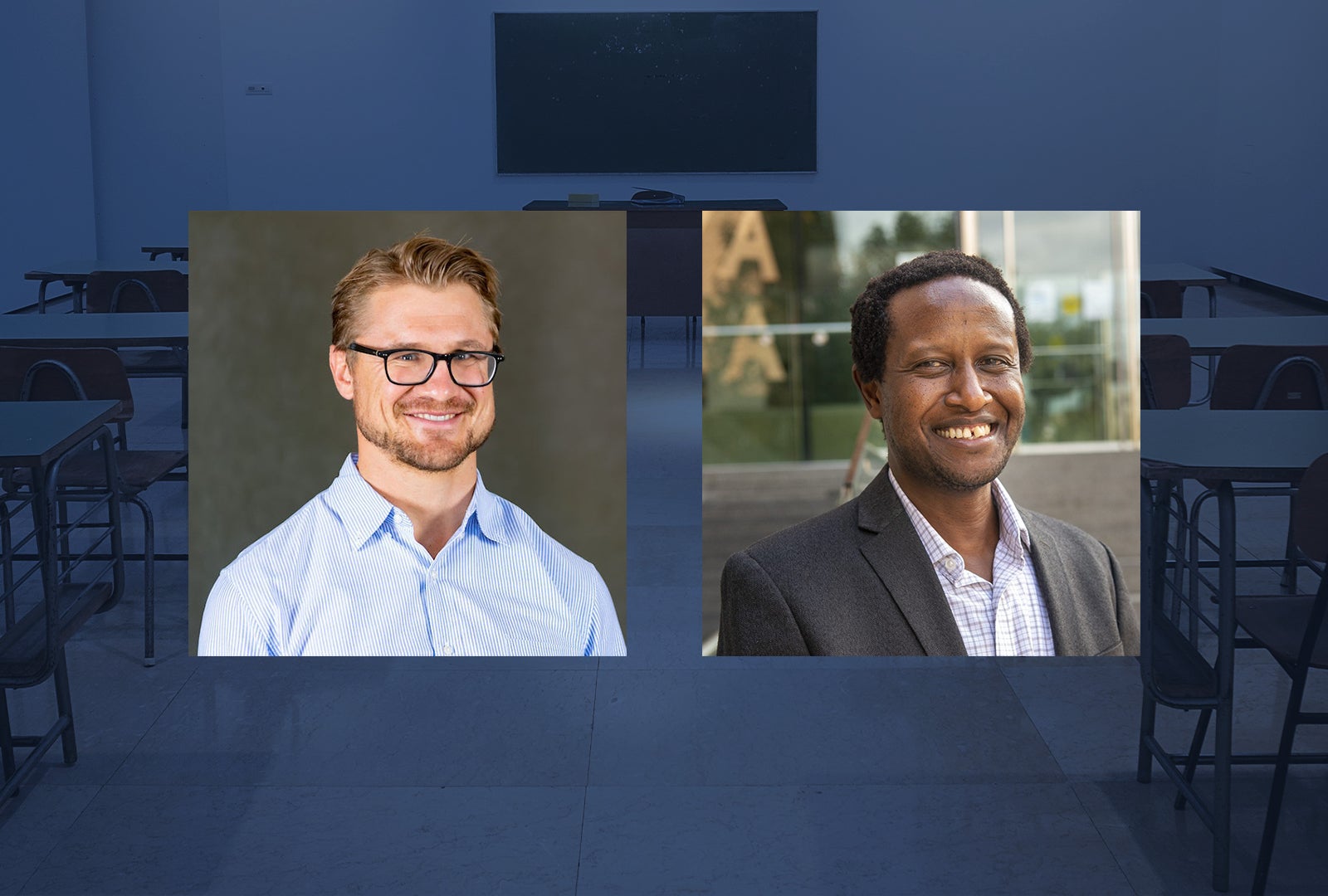 Jacobus Cilliers and James Habyarimana headshots imposed over classroom